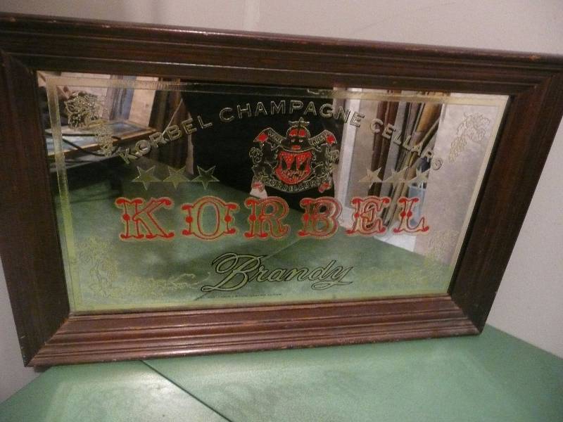 lot 48 image: Vintage Korbel Champagne Cellars Korbel Brandy Bar Mirror - Rare Nice Mirror - Approx 26wide 16high