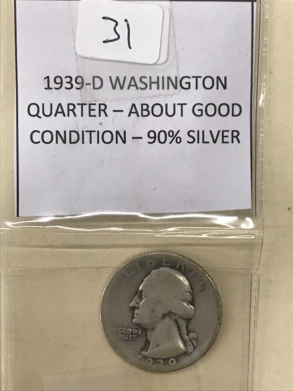 1939 Washington Quarter, 90% Silver...