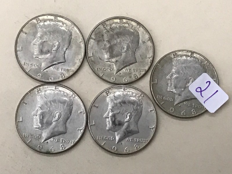 (5) 1968 Kennedy Half Dollar Coins ...