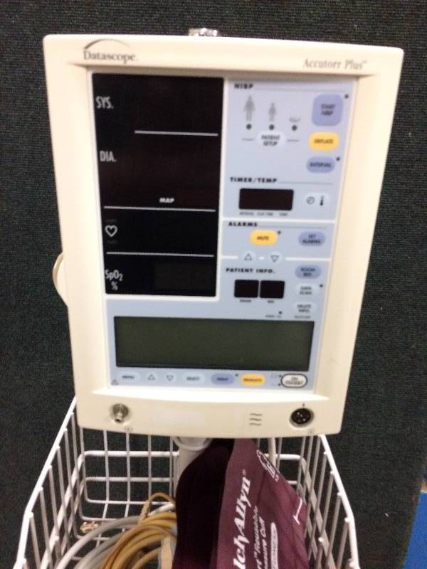 lot 80 image: WOW RETAILS USED $900 For Your Home Or Clinic Mobile Datascope Accutorr Plus Patient Monitor NIBP, SPO2 Includes Finger Probe, Hose and Adult Cuff, 5 Leg Rolling Cart - Excellent
