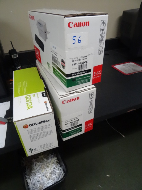 lot 56 image: Office max HP Q2612A laser jet cartridge. New. 2 Canon E40 laser jet cartridges. New