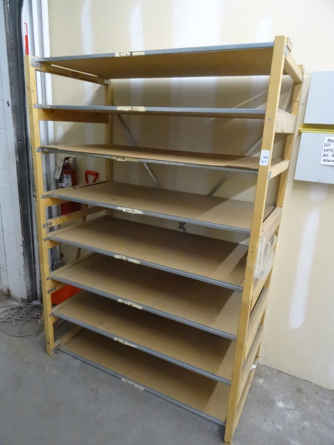 lot 58 image: Wood shelving unit. 50 x 27 x 72