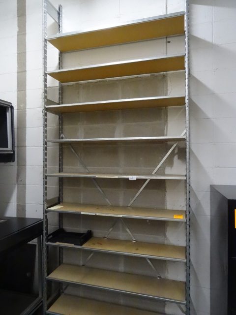lot 62 image: Metal shelving unit with wood shelves. 49 x 12 x 120