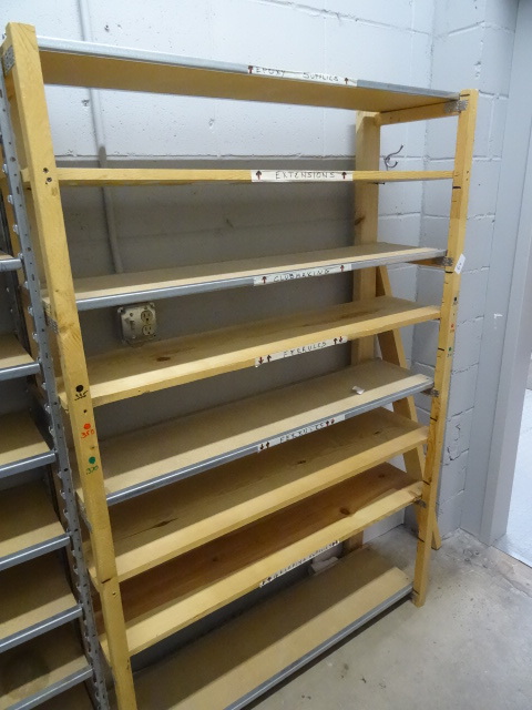 lot 64 image: Wood shelving unit. 47 x 15 x 72
