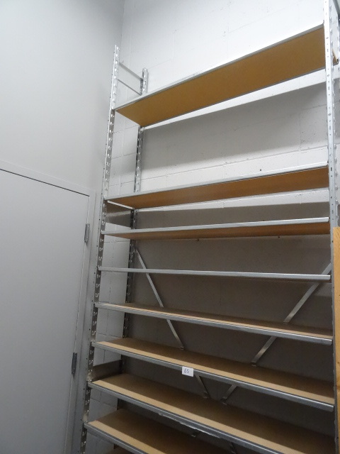lot 65 image: Metal shelving unit with wood shelves. 49 x 12 x 120