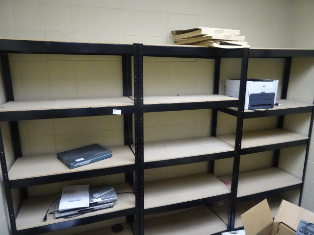 lot 87 image: 3 metal shelving units. Wood shelves. Each unit is 35 x 16 x 72. No contents