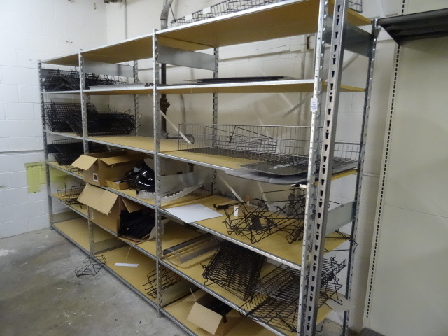 lot 108 image: Metal shelving unit. Wood shelves. 144 x 18 x 96. No contents