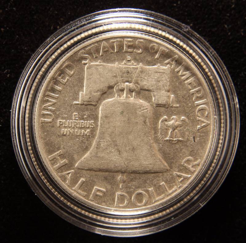 lot 11 image: 1954-D FRANKIN SILVER HALF DOLLAR AU IN AIRTITE HOLDER