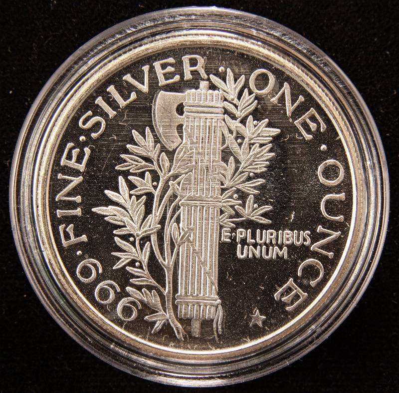 lot 05 image: 1 TROY OZ. .999 FINE SILVER ROUND MERCURY DIME DESIGN IN AIRTITE HOLDER