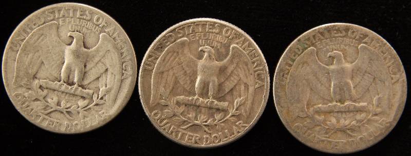 lot 63 image: GROUP OF 3 WASHINGTON SILVER QUARTERS 1939, 1940, & 1946