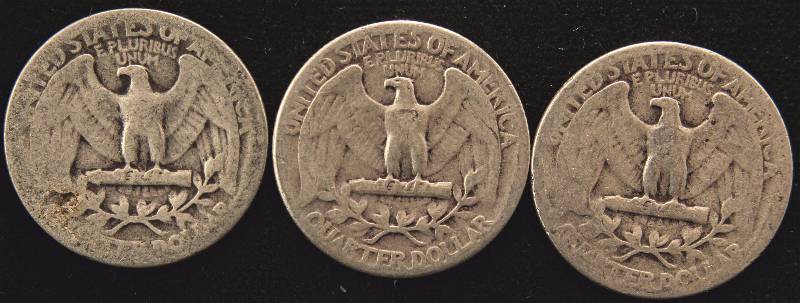 lot 91 image: GROUP OF 3 WASHINGTON SILVER QUARTERS 1934, 1935, & 1936