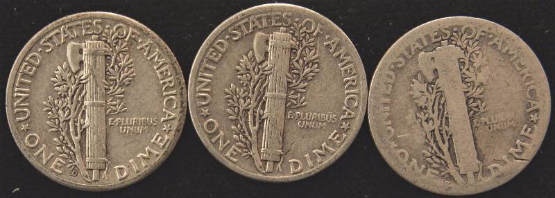 lot 80 image: GROUP OF 3 MERCURY SILVER DIMES 1918S, 1940P, 1944D