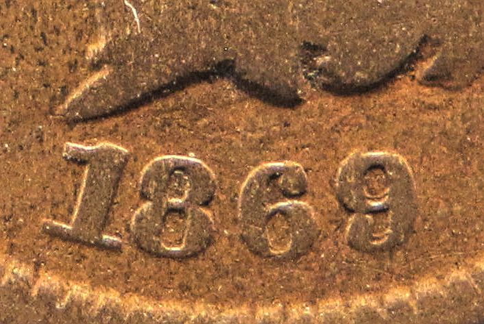 lot 36 image: 186969 RARE 1869 OVER 69 OVERDATE INDIAN HEAD CENT