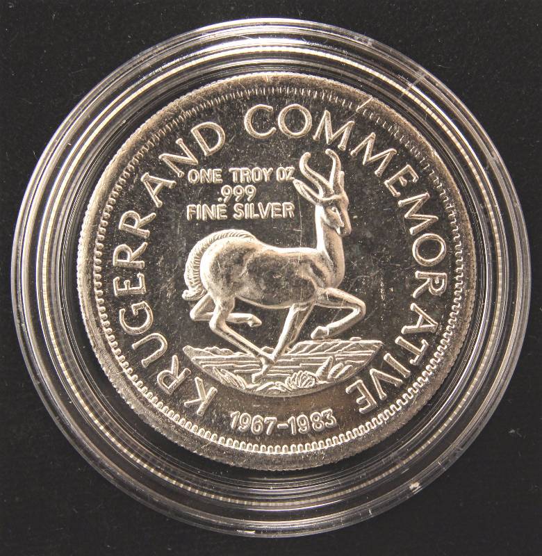 lot 33A image: 1 TROY OZ. .999 FINE SILVER VINTAGE KRUGERRAND IN AIRTITE HOLDER