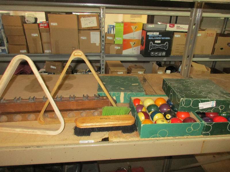 pool table set - 2 triangle racks - wall mounted stick holder - 2 brushes and 2 sets of balls, 1 new & 1 used