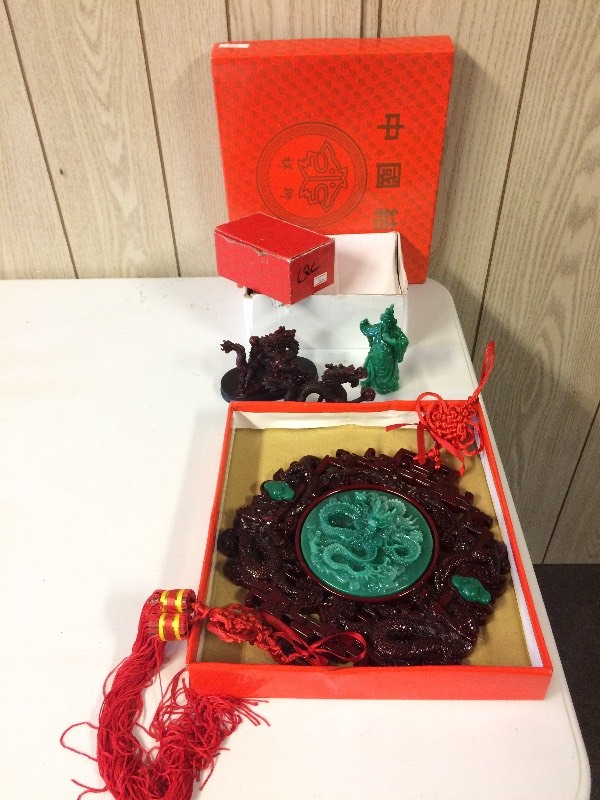 lot 90 image: ASIAN DRAGON FIGURINES & WALL HANGING