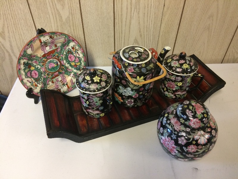 lot 94 image: ASIAN TEA SET ON TRAY, PLATE, & GINGER JAR