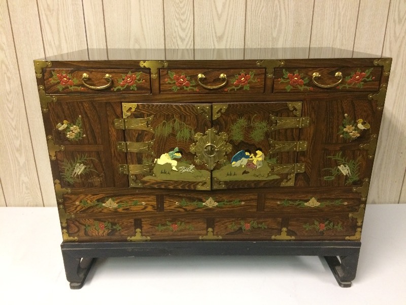 lot 111 image: ASIAN STYLED DECORATIVE CHEST ON STAND