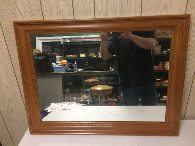 lot 129 image: WOOD FRAMED MIRROR 32 X 25