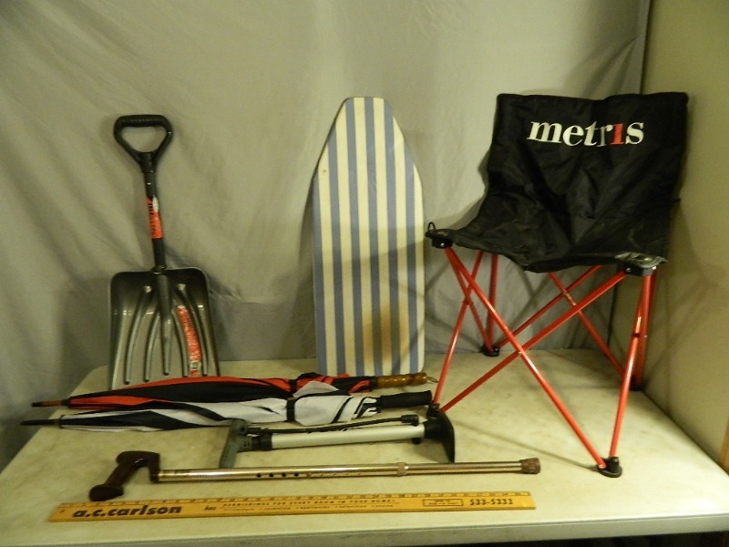 lot 61 image: Telescoping Shovel, Cane, Chair, and More
