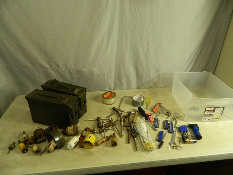 lot 95 image: Ammo Cans, Hole Saws, Hand Tools, Etc