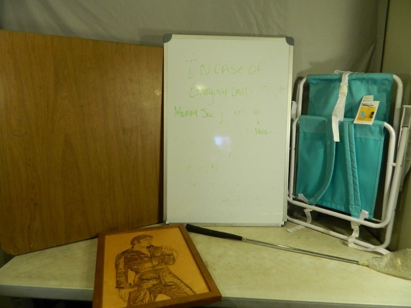 lot 190 image: New Chair, White Board, Elvis Wood Art, and More