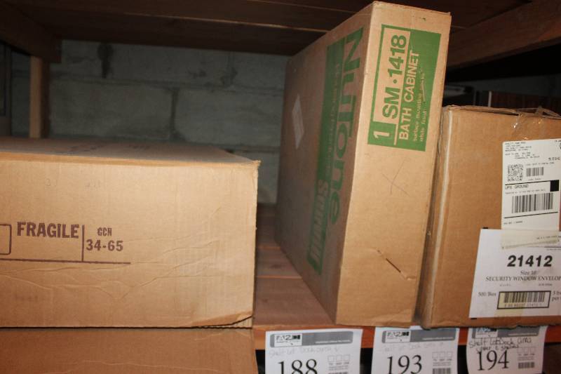 lot 193 image: Shelf Lot of Gusdorf Bath Cabinet, Paper Products