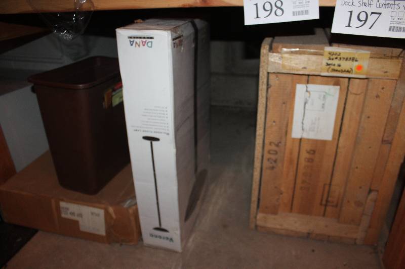 lot 197 image: Shelf Lot of Shredder, Trash Can, Floor Lamp