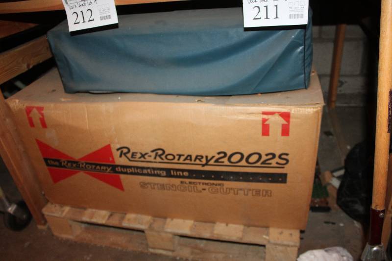lot 211 image: Shelf Lot of Equipment Includes Rex-Rotary 2002S, Tempo-tronic, Electronic Plate Producer, Terado Voltage Adjuster, Luggage Cart