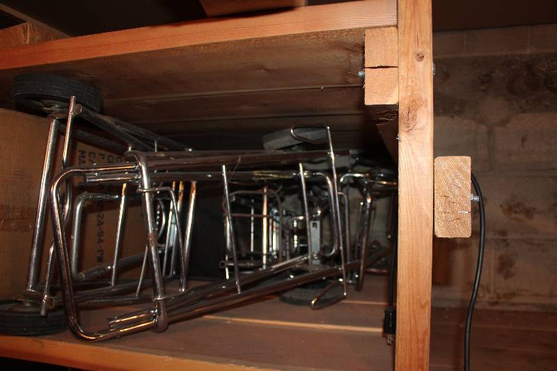 lot 235 image: Shelf Lot of 2-Wheel Luggage Carts, Cole Cabinet Shelves, And More