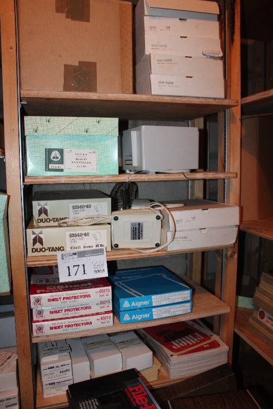 lot 171 image: Lot of (3) Shelves of Sheet Protectors, Ring Binder Indexes, Duo-tang Covers, Booklet Envelopes