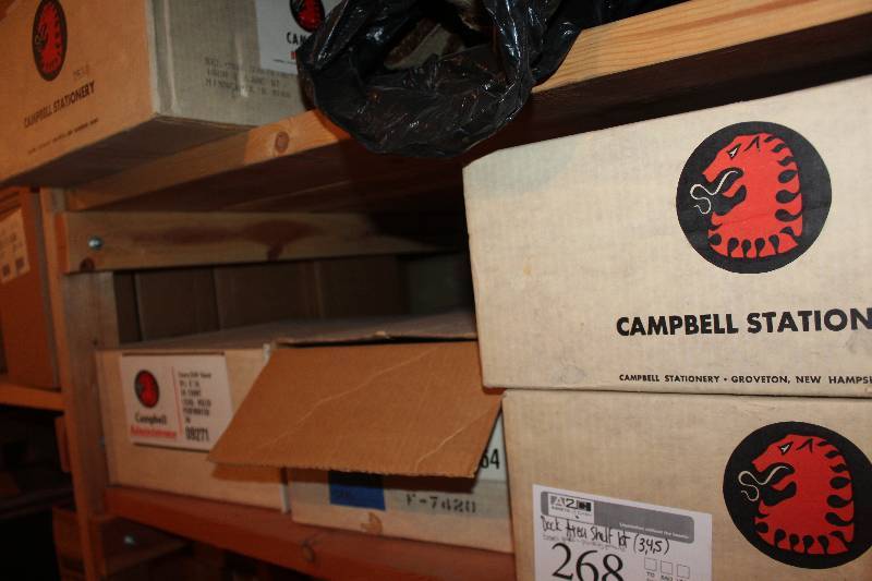 lot 268 image: Shelf Lot of Boxes of Campbell Paper, Pads, Packing Peanuts