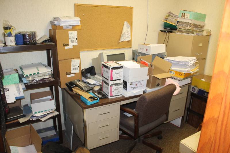 lot 151 image: Desk, Chair, Shelf, File Cabinet, Coat Rack