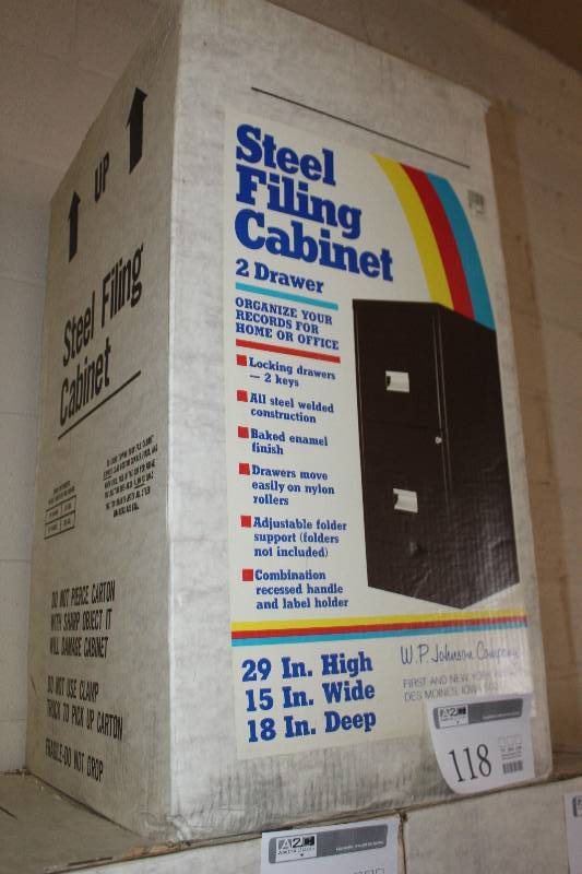 lot 118 image: Locking 2-Drawer Metal File Cabinet 29x15x18in. In Box