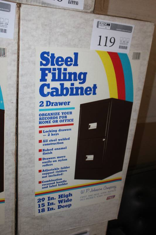 lot 119 image: Locking 2-Drawer Metal File Cabinet 29x15x18in. In Box
