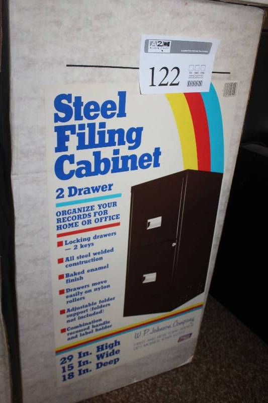 lot 122 image: Locking 2-Drawer Metal File Cabinet 29x15x18in. In Box