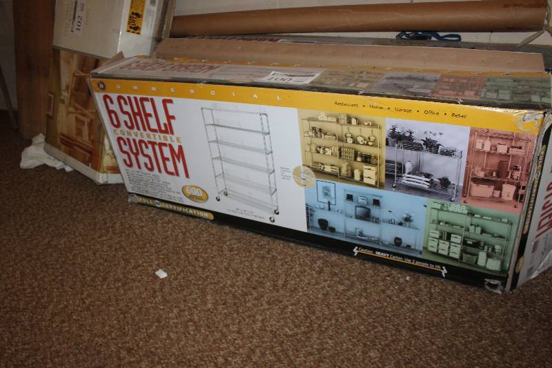lot 100 image: Rolling 6-Shelf Metal Storage Rack
