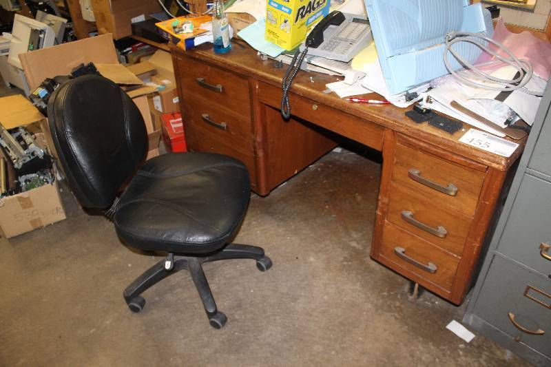 lot 455 image: 7-Drawer Locking Wood Desk & Rolling Office Chair