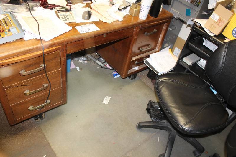 lot 458 image: 7-Drawer Locking Wood Desk & Rolling Office Chair