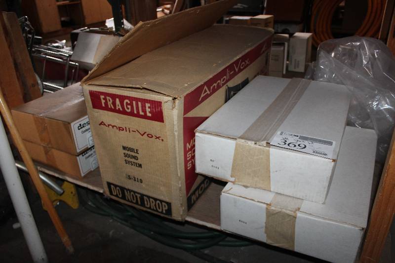 lot 369 image: Shelf Lot of Destroyit Shred Bags, Ampli-Vox Mobile Sound System