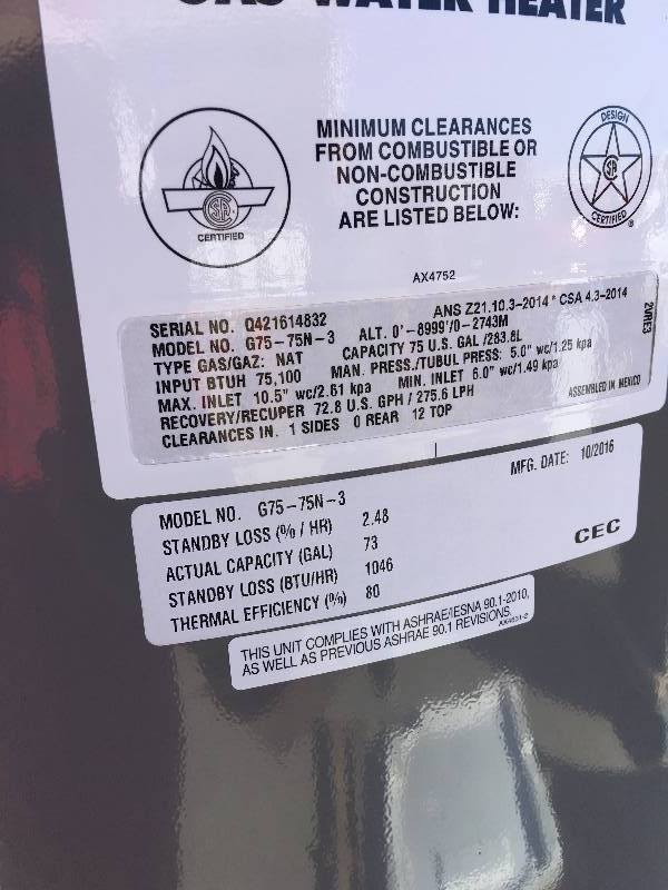 Brand new Rheem G75-75N Low Nox Natural Gas Universal Commercial Water Heater, 75 Gallon retail $1999.00