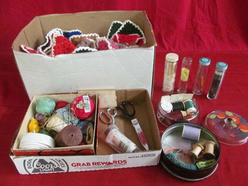 lot 155 image: yarn, vintage bottles sewing thread