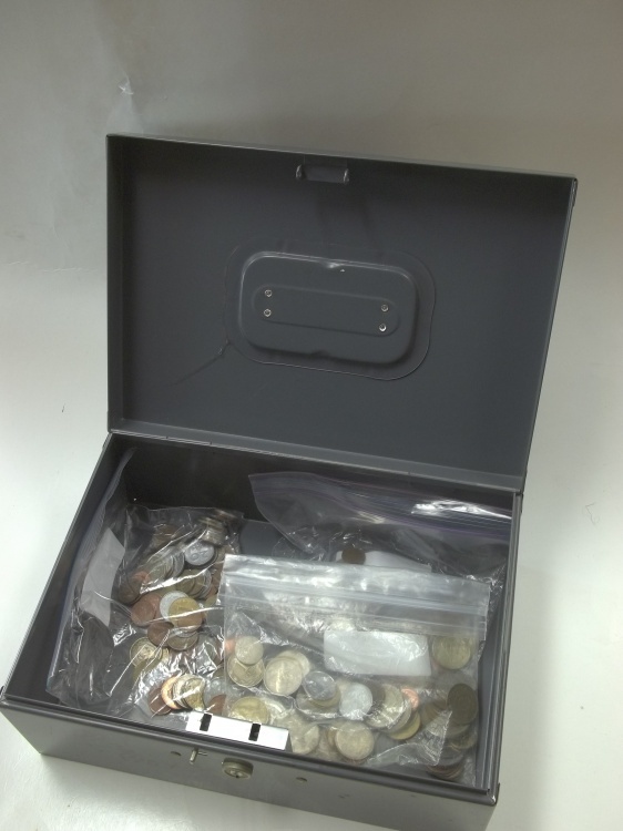 Cash Box with Assorted Foreign Coins