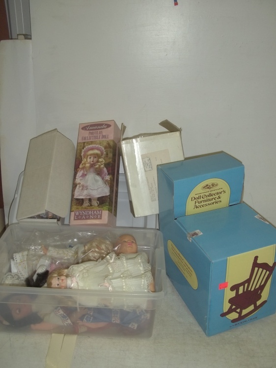 Assorted Dolls and Doll rocking Chair