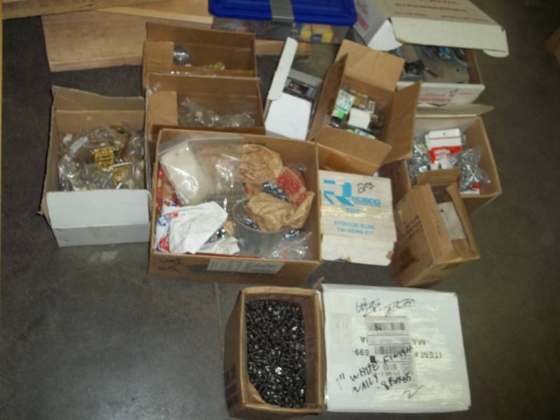 Assorted hardware. Drawer pulls, rivets, Nails, nuts and bolts