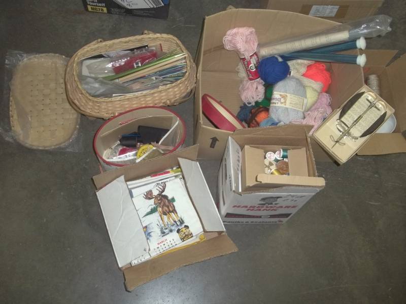 Yarn and Thread assortment with rug knitter and Cloth Chalenders