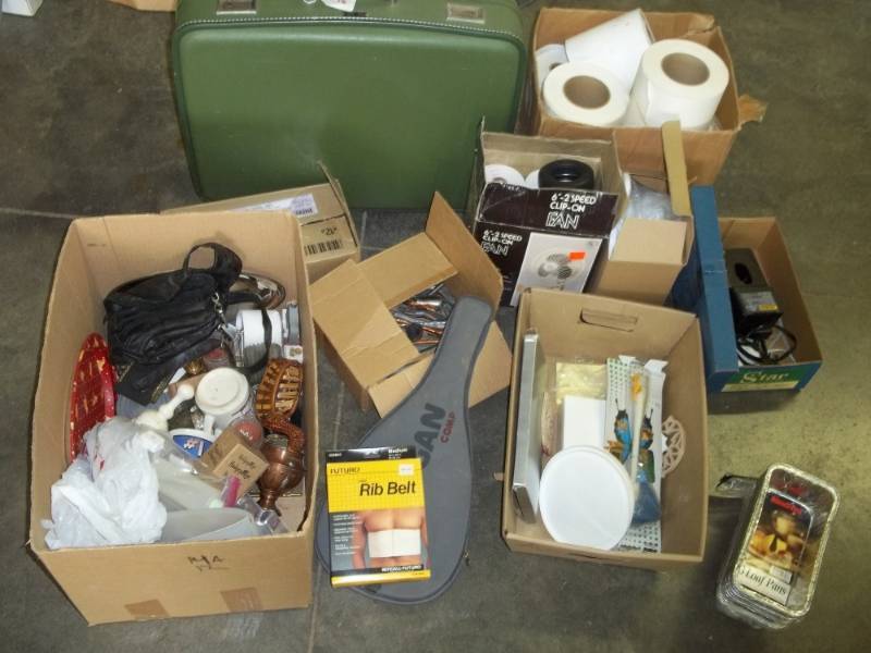 Assorted Dcor and Paper Rolls, microwave bowl and suitcase