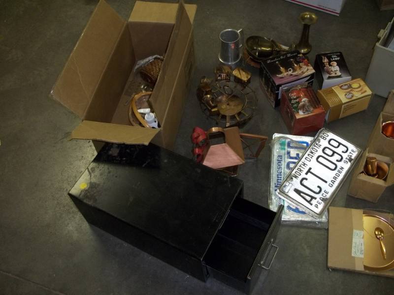 Assorted Nick Nacks including copper dcor, Tennis rackets, and dcor
