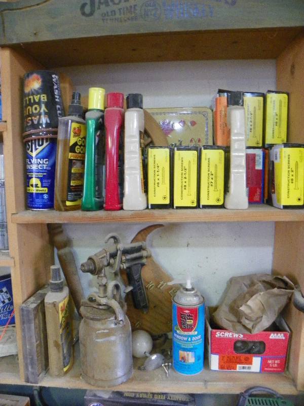 lot 20 image: Contents of shelves, cleaner, screws, paint sprayer