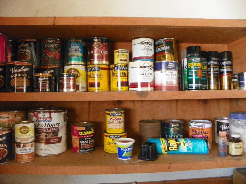 lot 76 image: Contents of shelves, stains and polyurethane